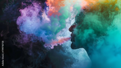 A person exhaling colorful vapor from a vape device, enjoying the sensory experience and flavors of vaping.