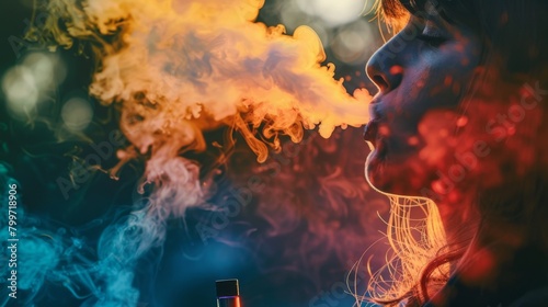 A person exhaling colorful vapor from a vape device, enjoying the sensory experience and flavors of vaping.