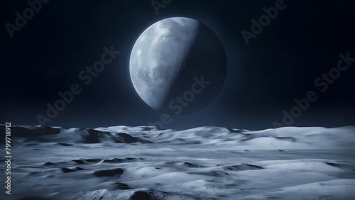 A tranquil digital illustration of the moon s surface  bathed in a soft  silvery moonlight. Generative AI