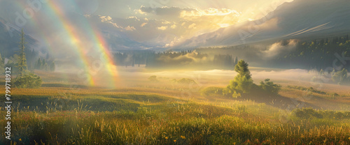 A misty morning in the mountns, with dew-kissed grasslands below and a brilliant rnbow forming in the wake of a passing storm.