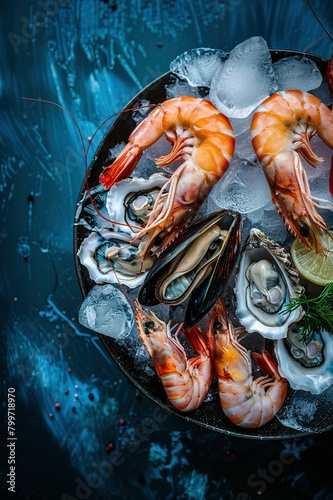 Assorted seafood platter with shellfish and lemon. Generated AI.