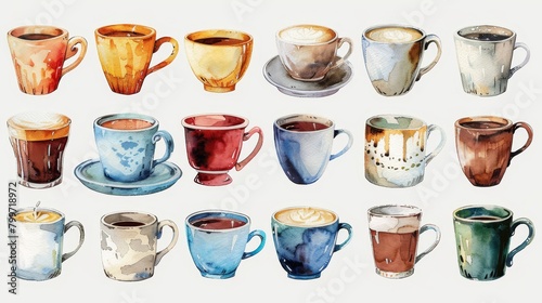 Create a set of watercolor clipart featuring various types of coffee mugs perfect for cafe menu designs or coffee shop promotions