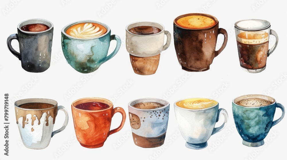Create a set of watercolor clipart featuring various types of coffee mugs perfect for cafe menu designs or coffee shop promotions Create a set of watercolor clipart featuring various types of coffee mugs perfect for cafe menu designs or coffee shop promotions