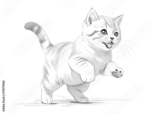 Black and white sketch of a British kitten A happily fun shorthair. Fluffy kitten's fur