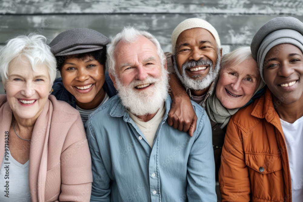 Group of diverse senior friends smiling at the camera while standing together outside
