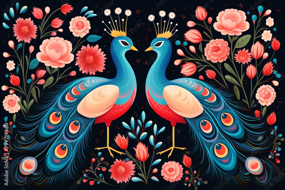 Scandinavian floral dance, flat vector seamless, on peacock background , vector and illustration Scandinavian floral dance, flat vector seamless, on peacock background , vector and illustration