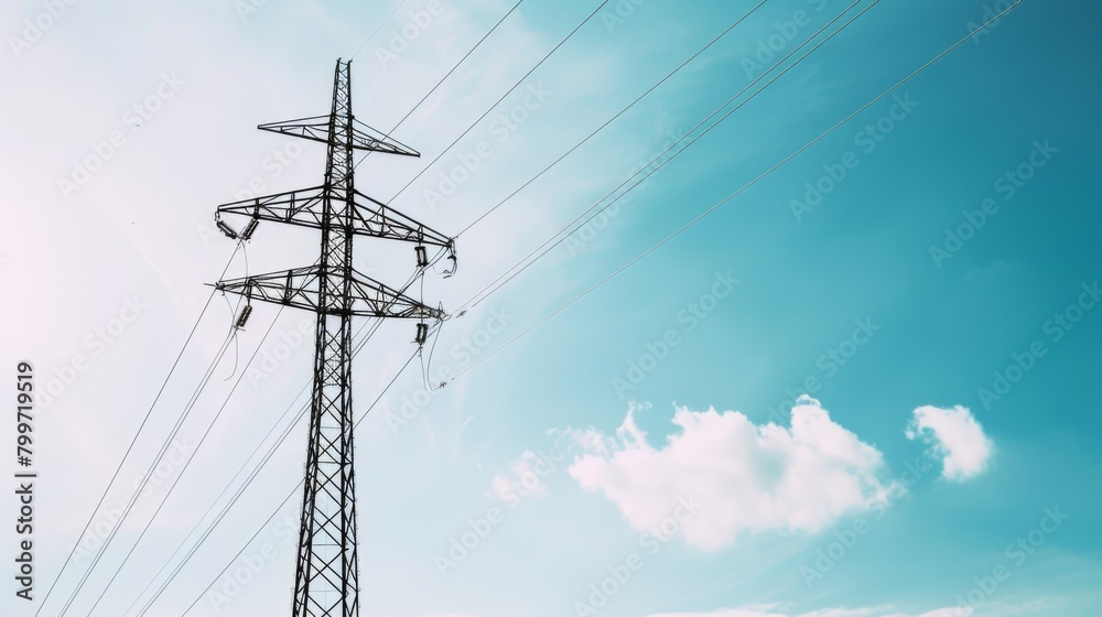 Obraz premium A power line tower against a clear blue sky, representing the reliability and stability of electricity as an essential resource.