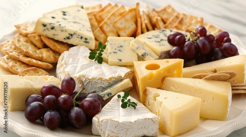 A platter of assorted cheeses with floating grapes and crackers, presenting a classic and sophisticated appetizer spread.