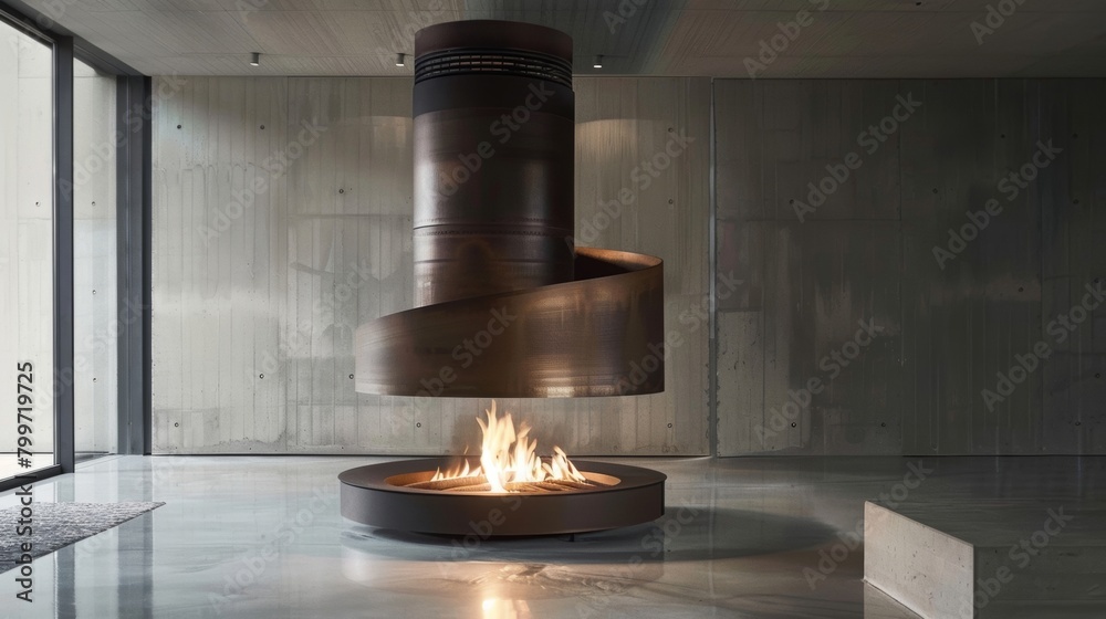 Fototapeta premium As the rotating fireplace turns it creates a captivating and everchanging display of light and shadows. 2d flat cartoon.