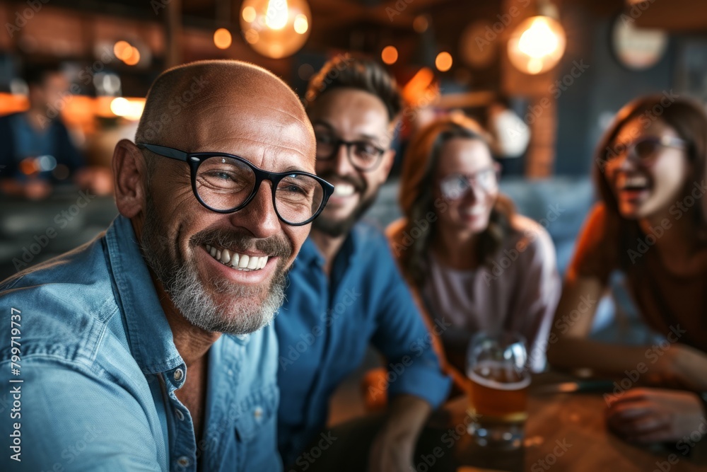Portrait of a smiling man sitting in a pub. Cheerful young people sitting in a pub and drinking beer.