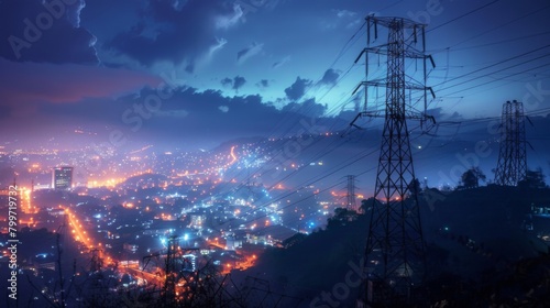 A power line tower at night, illuminated by the glow of city lights, showcasing the continuous flow of electricity that powers urban life.