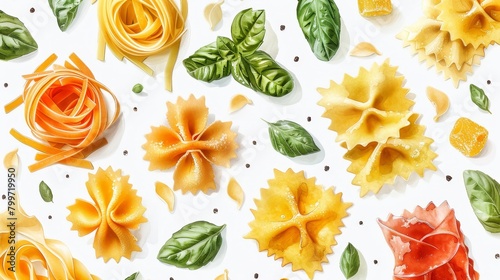 Create a series of watercolor clipart of different pasta shapes for an Italian restaurant menu cooking classes or food blogs