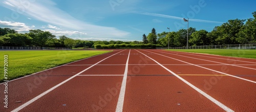 A photo of an empty red running track with white lines, a green grass field on the sides and a blue sky in the background. © Chasan