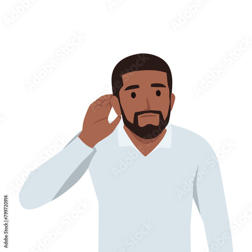 Say more loudly. Man smiling and having his hand hear his ear and showing that he cant hear. Flat vector illustration isolated on white background