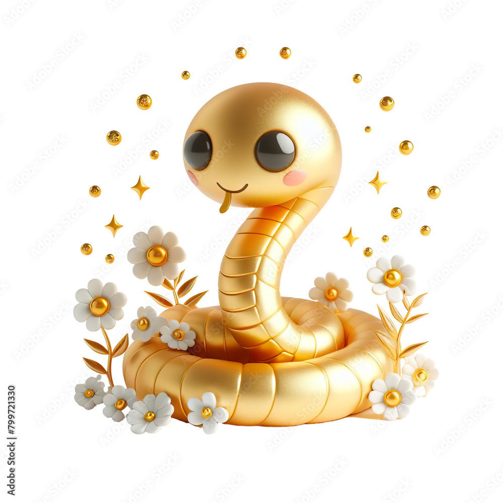 Fototapeta premium a 3D cute gold snake with flowers white background, simple, minimalist PNG