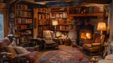 A rustic den with a fireplace, cozy armchairs, and shelves filled with books, ideal for quiet evenings and leisurely reading.
