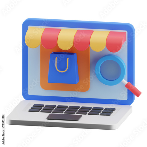 Ecommerce laptop illustration concept. online shop, online store 3d render icon isolated.
