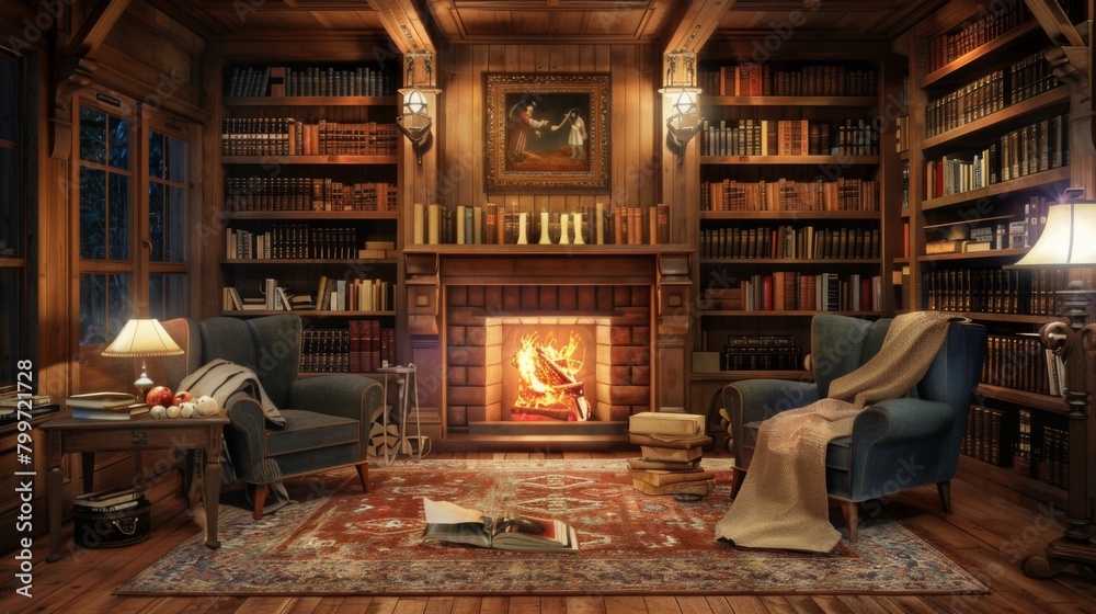 A rustic den with a fireplace, cozy armchairs, and shelves filled with books, ideal for quiet evenings and leisurely reading.