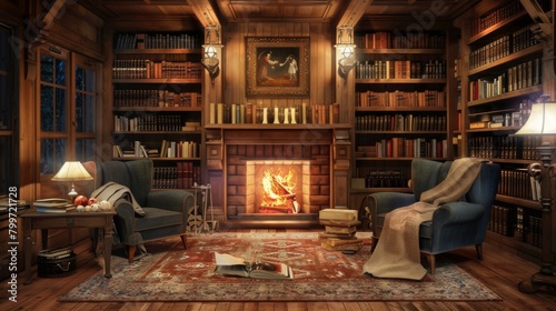 A rustic den with a fireplace, cozy armchairs, and shelves filled with books, ideal for quiet evenings and leisurely reading. © Plaifah