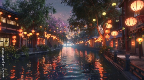 A serene canal winding through the ancient city, lined with traditional lanterns that cast shimmering reflections on the water's surface.