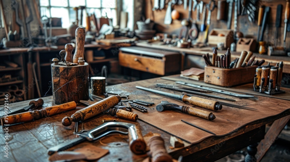 Leather craft equipment on an old wooden table at a cobbler's workplace.AI generated image Leather craft equipment on an old wooden table at a cobbler's workplace.AI generated image