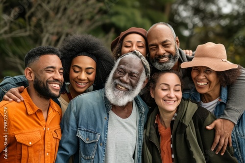 Group of multiethnic friends looking at camera and smiling in park