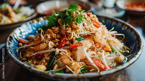 Close-up of som tam garnished with crispy fried shallots, roasted peanuts, and a generous serving of blue crab meat, bursting with flavor.