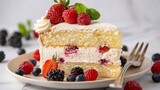A slice of moist and fluffy vanilla cake with layers of whipped cream and fresh berries, perfect for a summertime dessert.