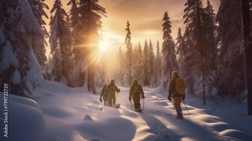 Group of skiers with snowboards walking on mountains with white snow and blue sky under warm sunlight.AI generated image photo