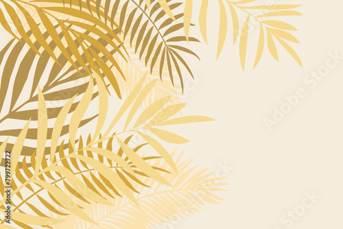 Background with palm leaves in golden tones. Summer frame. with place for text.