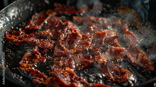 Close-up of sun-dried beef slices frying in hot oil, releasing delicious aromas and achieving a crispy texture that appeals to both the eyes and taste buds