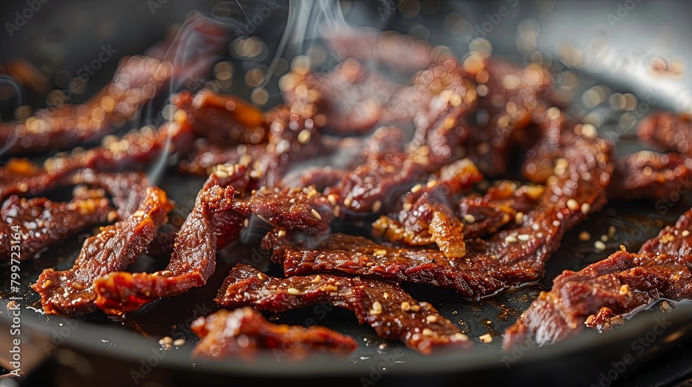 Crispy fried sun-dried beef strips sizzling in a hot pan, emitting aromatic flavors and tempting textures, ready to be served as a crunchy snack or appetizer. Crispy fried sun-dried beef strips sizzling in a hot pan, emitting aromatic flavors and tempting textures, ready to be served as a crunchy snack or appetizer.