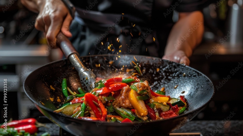 A Thai chef stirring a wok filled with colorful vegetables and slices of meat, seasoned with aromatic Thai pepper paste. A Thai chef stirring a wok filled with colorful vegetables and slices of meat, seasoned with aromatic Thai pepper paste.