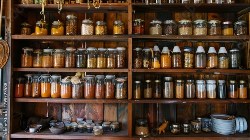 A traditional Thai kitchen with shelves stocked with jars of various spices and seasonings  including Thai chili flakes and pepper.