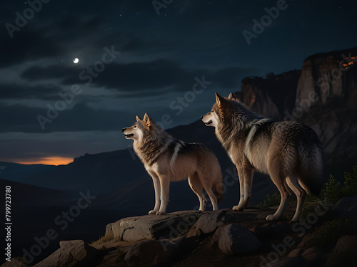 The city lights below cast an eerie glow on the wolves as they howl at the moon, perched on the edge of the towering cliffs. Generative AI