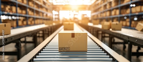 Small cardboard box on conveyor belt in warehouse, wide shot, blurred background, bright light