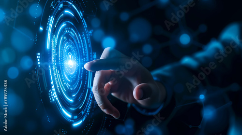 Businessman hand reaches out to touch a virtual screen display digital transformation. The concept of using technology to change and improve business. Generative AI.