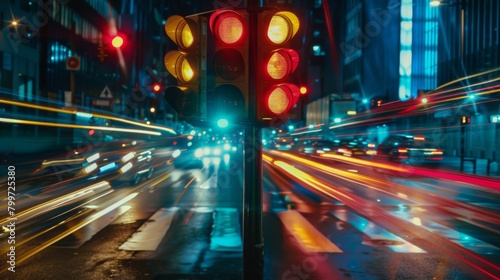 A traffic signal at night with streaks of light from passing vehicles, emphasizing urban traffic flow and safety.