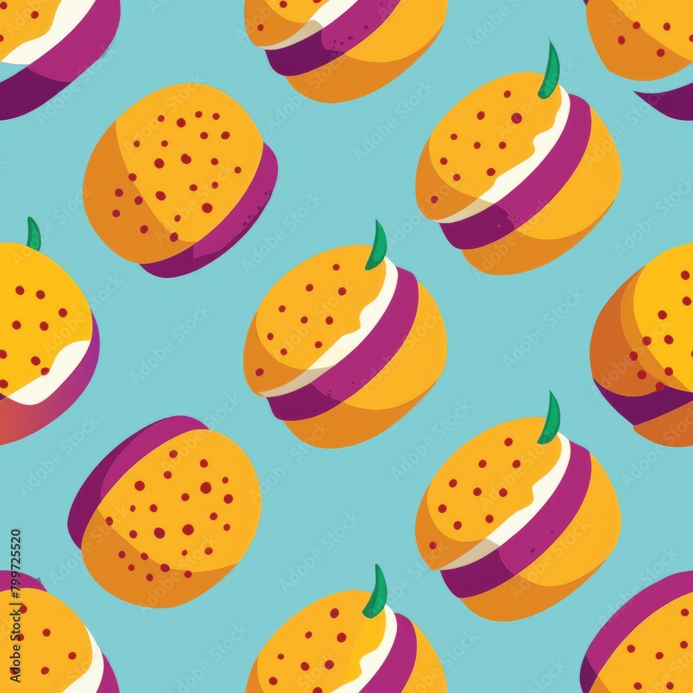 Seamless pattern of passionfruit macarons with a tropical tanginess, Generative AI