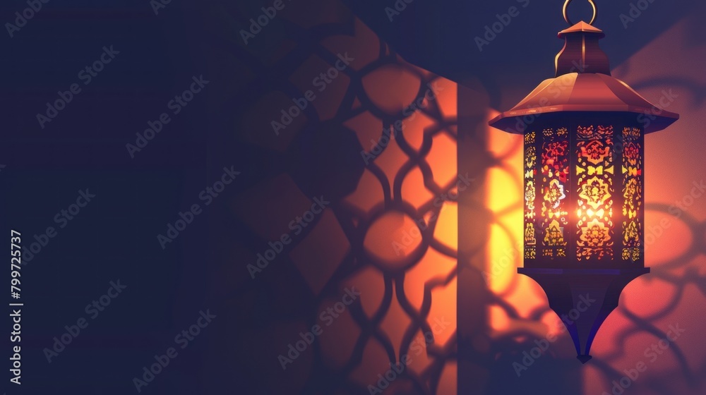 Traditional Ramadan lamps emit a warm glow for the Muslim celebration of the holy month of Ramadan Kareem.