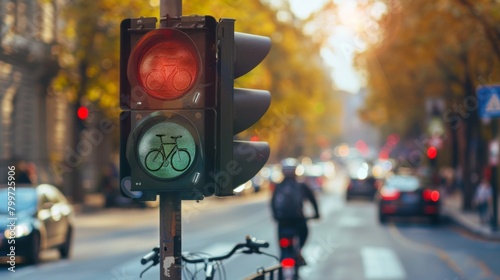 A traffic signal with a bicycle symbol, designating a dedicated lane for cyclists at an intersection. photo