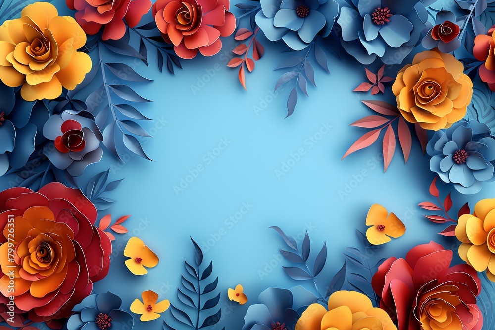 HD, 16k, empty space in center area, beautiful retro modern trendy Paper cut flowers bold and big 3D, minimalis element, blue background aspect ratio 16:9