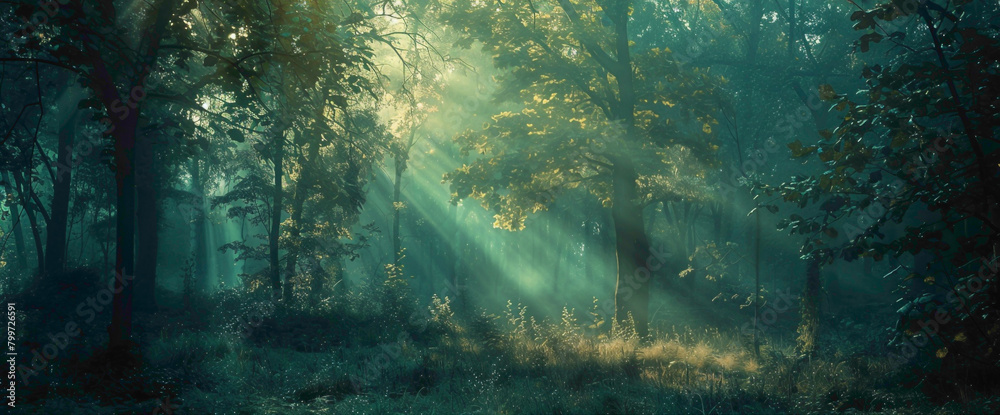 A secluded forest clearing bathed in the soft light of a teal sunset, exuding an aura of tranquility.