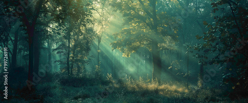 A secluded forest clearing bathed in the soft light of a teal sunset  exuding an aura of tranquility.