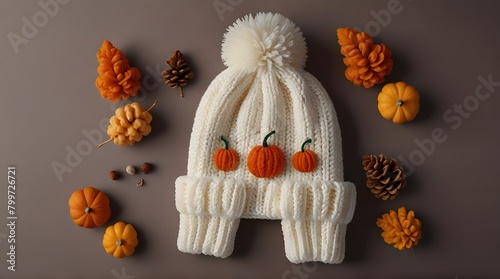 Warm, cosy knitted winter hat with pom pom and gloves. Autumn flat lay composition with white.generative.ai