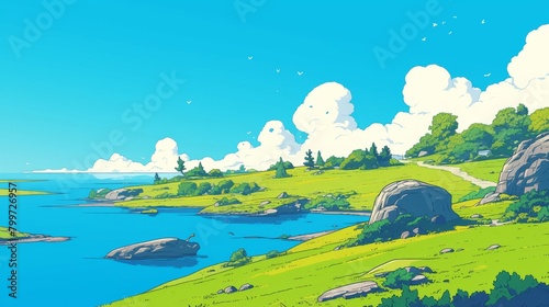 Nature Landscape with Blue Sky. Nature landscape with blue sky clouds wallpaper. Grass Field landscape with lake in a blue sky and cloud. lake with blue sky and clouds. river with blue sky wallpaper.