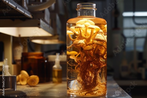 glass flask filled with golden, translucent liquid sits on a lab bench. Inside the flask, strange, bioluminescent medicinal mushrooms can be seen growing, their forms illuminated from within.
