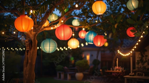 Colorful paper lanterns hang from the trees adding a festive touch to the backyard barbecue gathering. 2d flat cartoon.