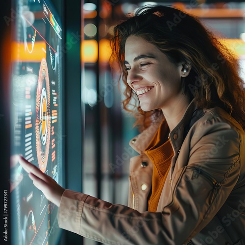 Intimate customer engagement scenario, a customer smiling at a digital interface, warm and welcoming tones photo