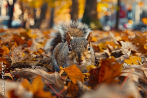 Curious Squirrel Amidst Fall Leaves on City Street